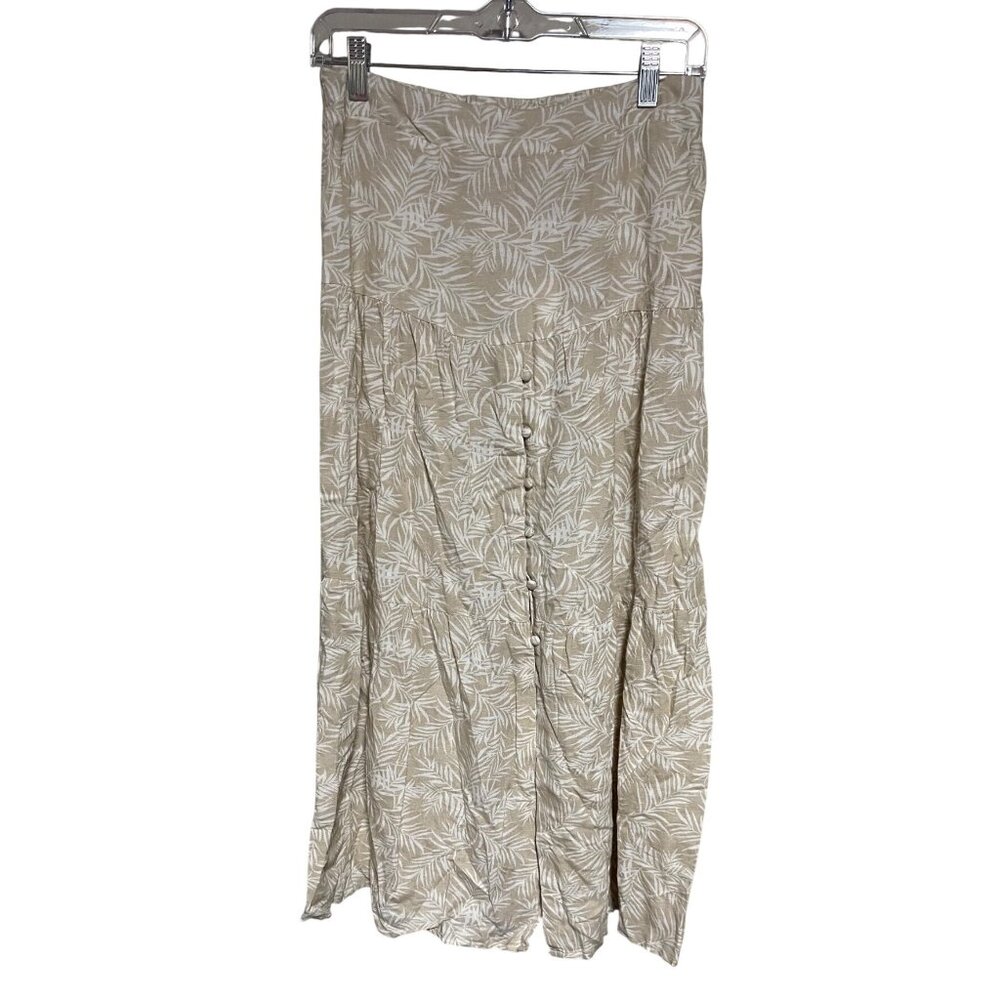 Beige Palm Leaf Print Maxi Skirt By Midnight Sky Size M Linen Blend Button Front